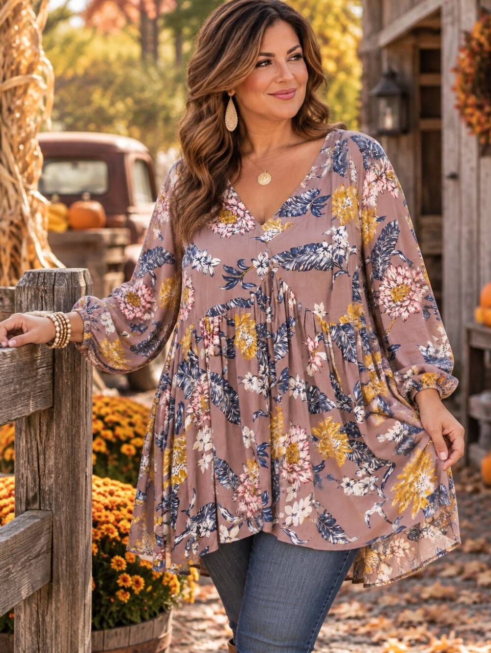Kori America Plus 1XL Mauve Floral Boho Babydoll Tunic Top NWT